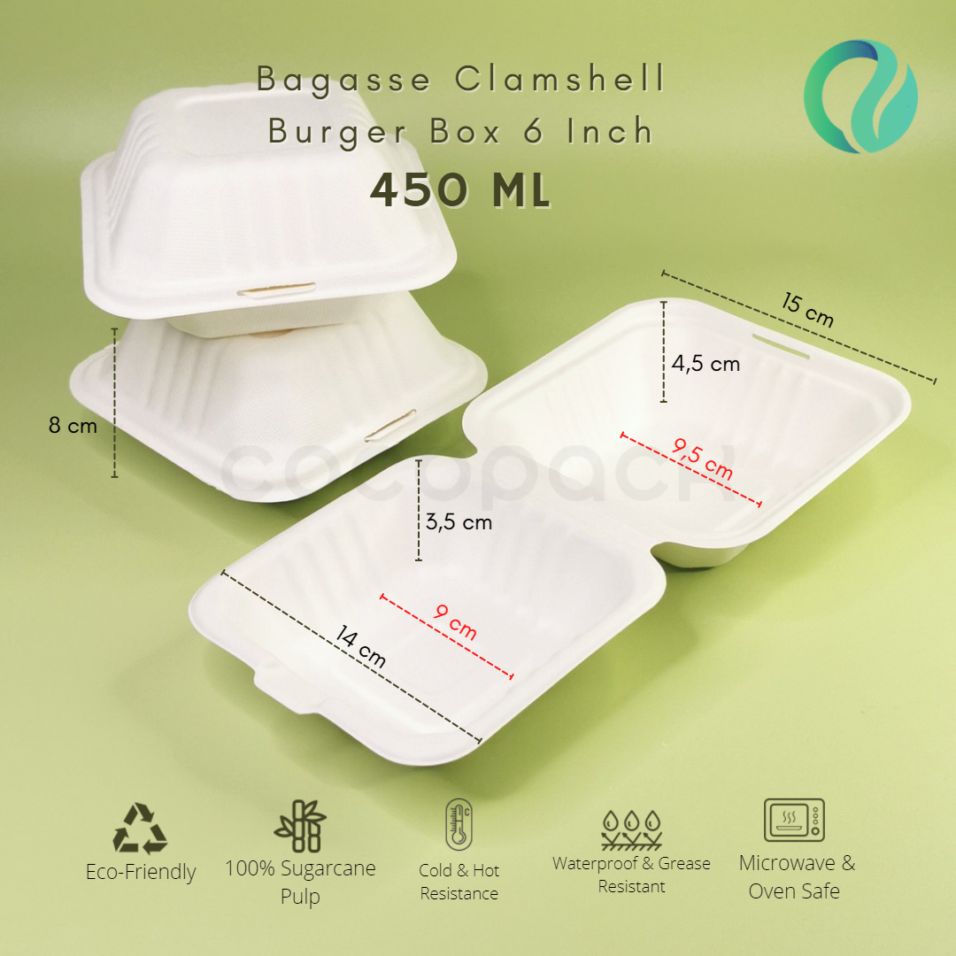 Bagasse Clamsheel Burger Box 6 Inch 450 ml - Gambar 4
