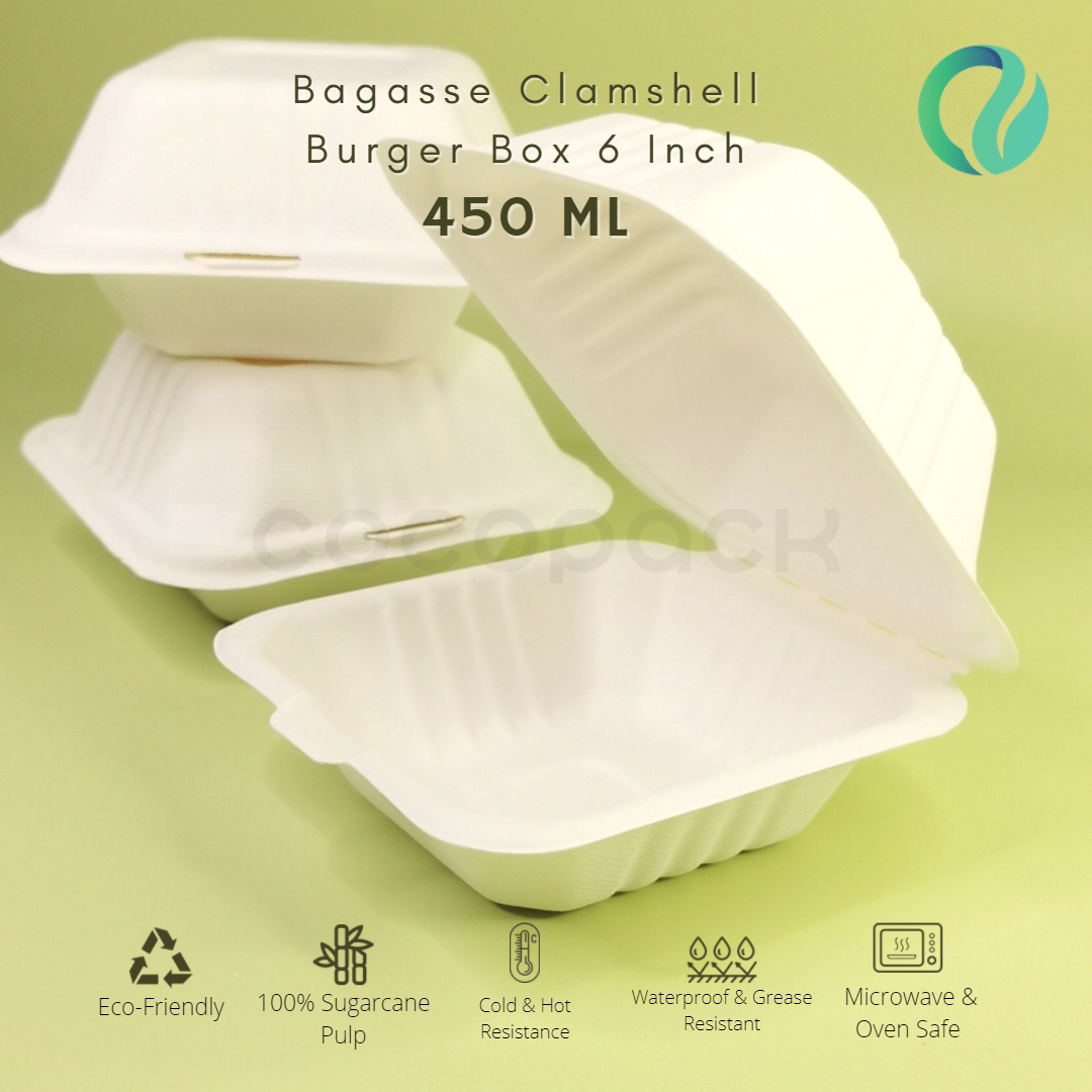 Bagasse Clamsheel Burger Box 6 Inch 450 ml