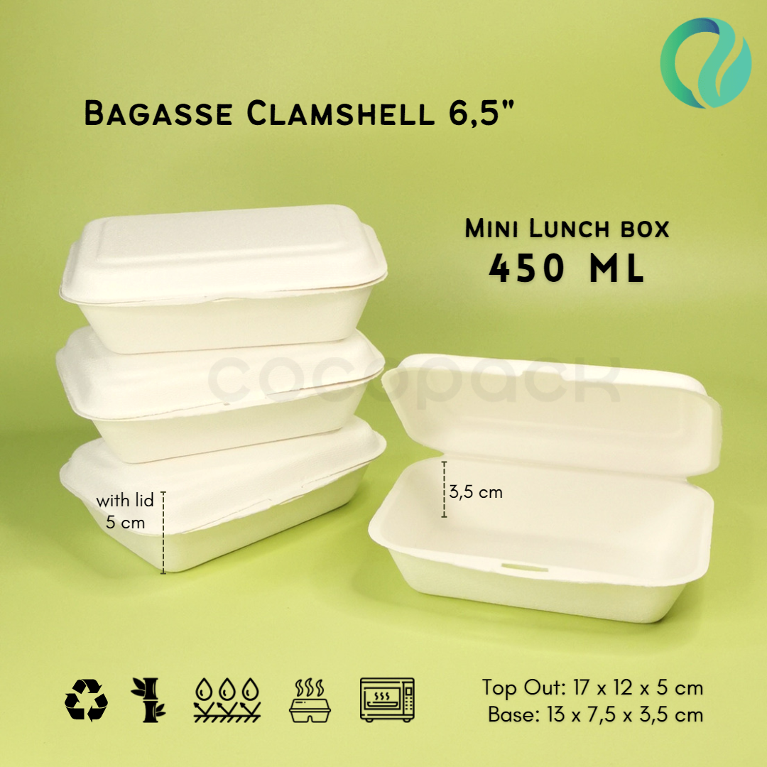 Bagasse Clamshel Mini Lunch Box 6.5 Inch 450 ml