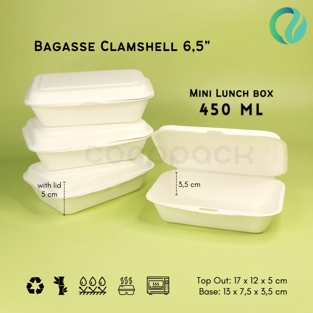 Bagasse Clamshel Mini Lunch Box 6.5 Inch 450 ml - Gambar 6