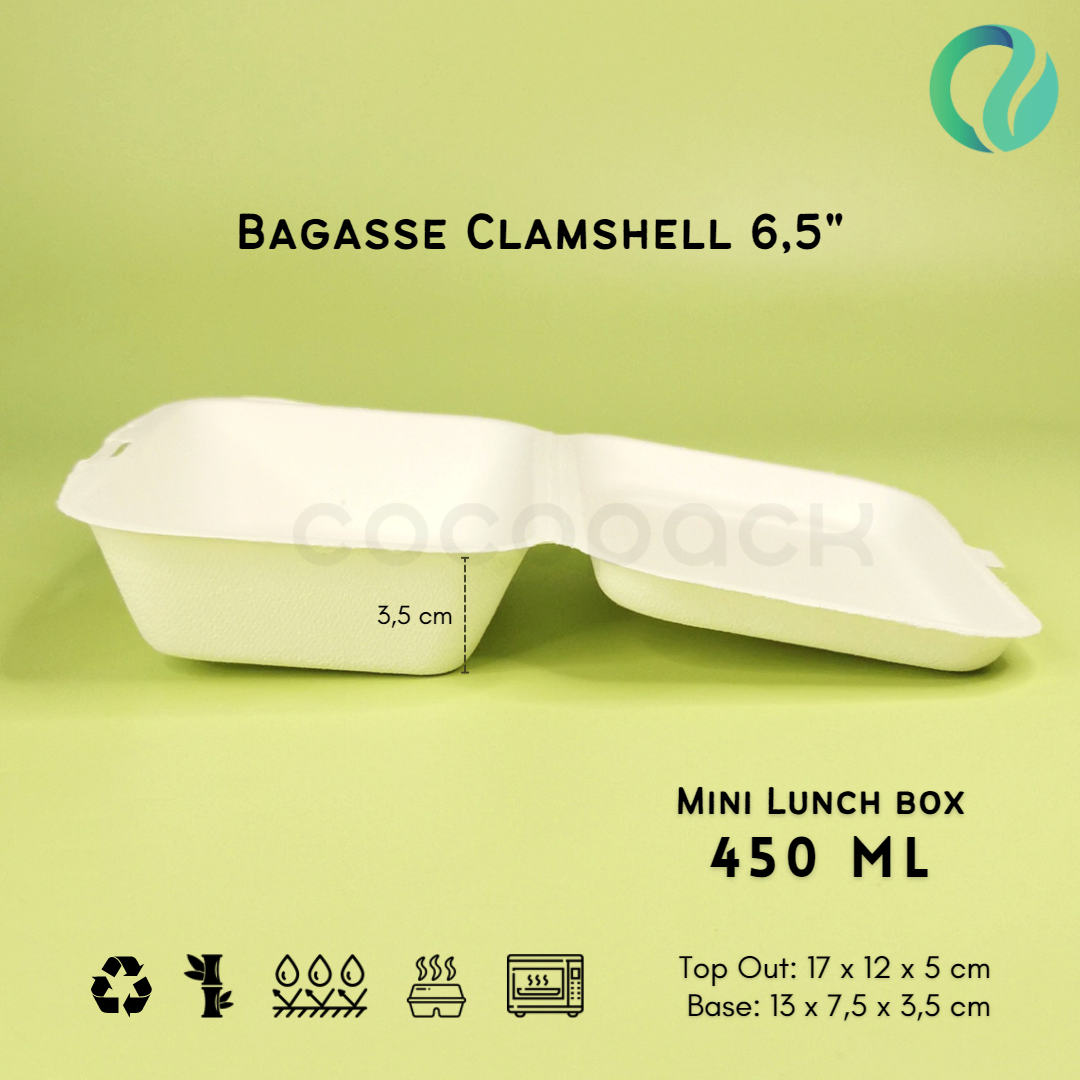 Bagasse Clamshel Mini Lunch Box 6.5 Inch 450 ml - Gambar 5