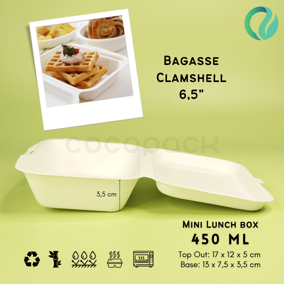 Bagasse Clamshel Mini Lunch Box 6.5 Inch 450 ml - Gambar 4