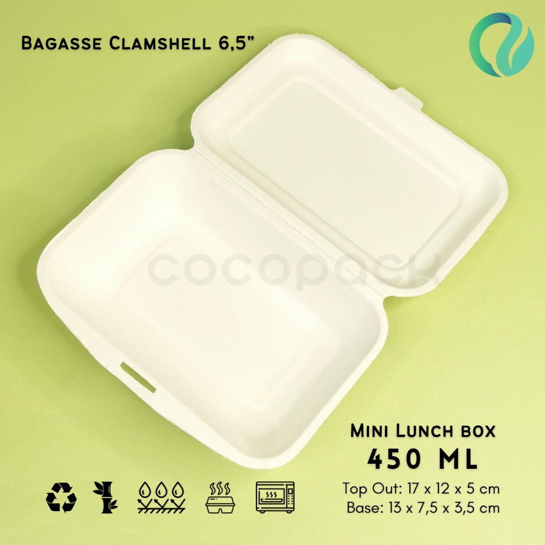 Bagasse Clamshel Mini Lunch Box 6.5 Inch 450 ml - Gambar 3