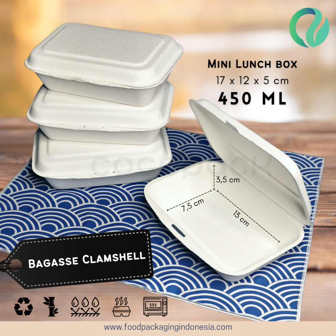 Bagasse Clamshel Mini Lunch Box 6.5 Inch 450 ml - Gambar 2