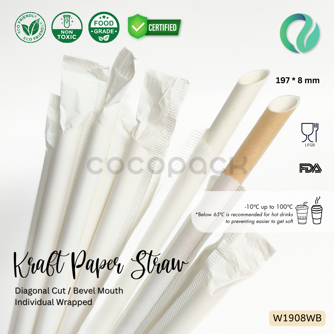 Individual White Paper Straw Bevel Mouth 197*8mm