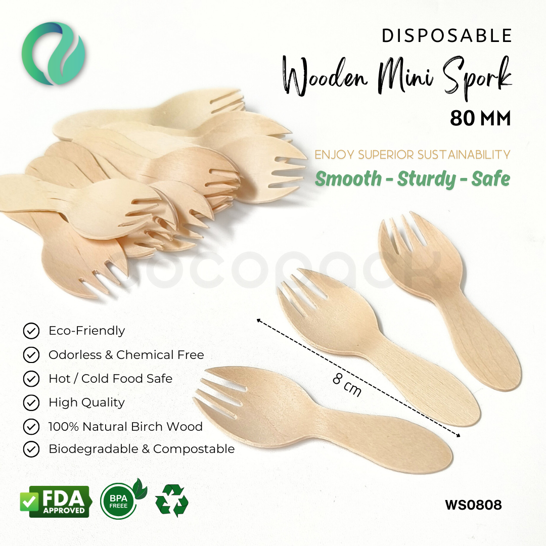 Disposable Wooden Mini Spork 8 cm - Gambar 2